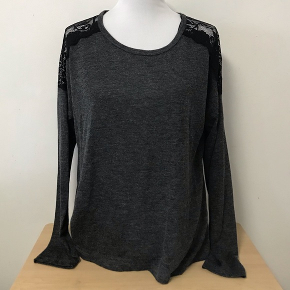 Forever 21 Tops - F21 Shoulder Lace LS Knit Top Charcoal Black